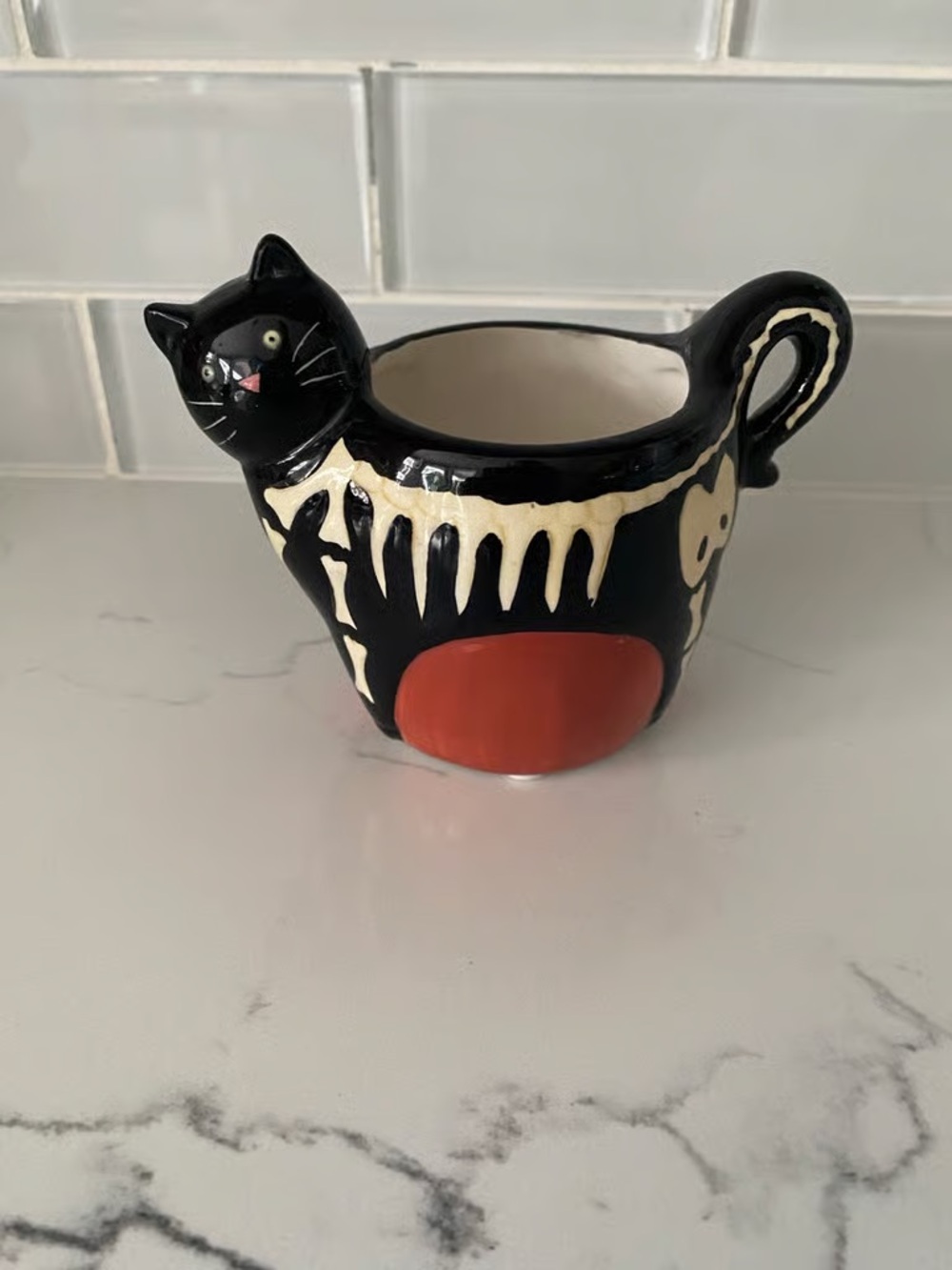 Hand-Painted Black Cat Ceramic Vase with Orange Accent